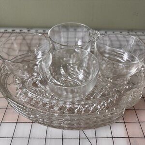 Vintage Federal Glass Homestead Snack Set 4 Cups 4 Trays Clear Pressed Glass MCM